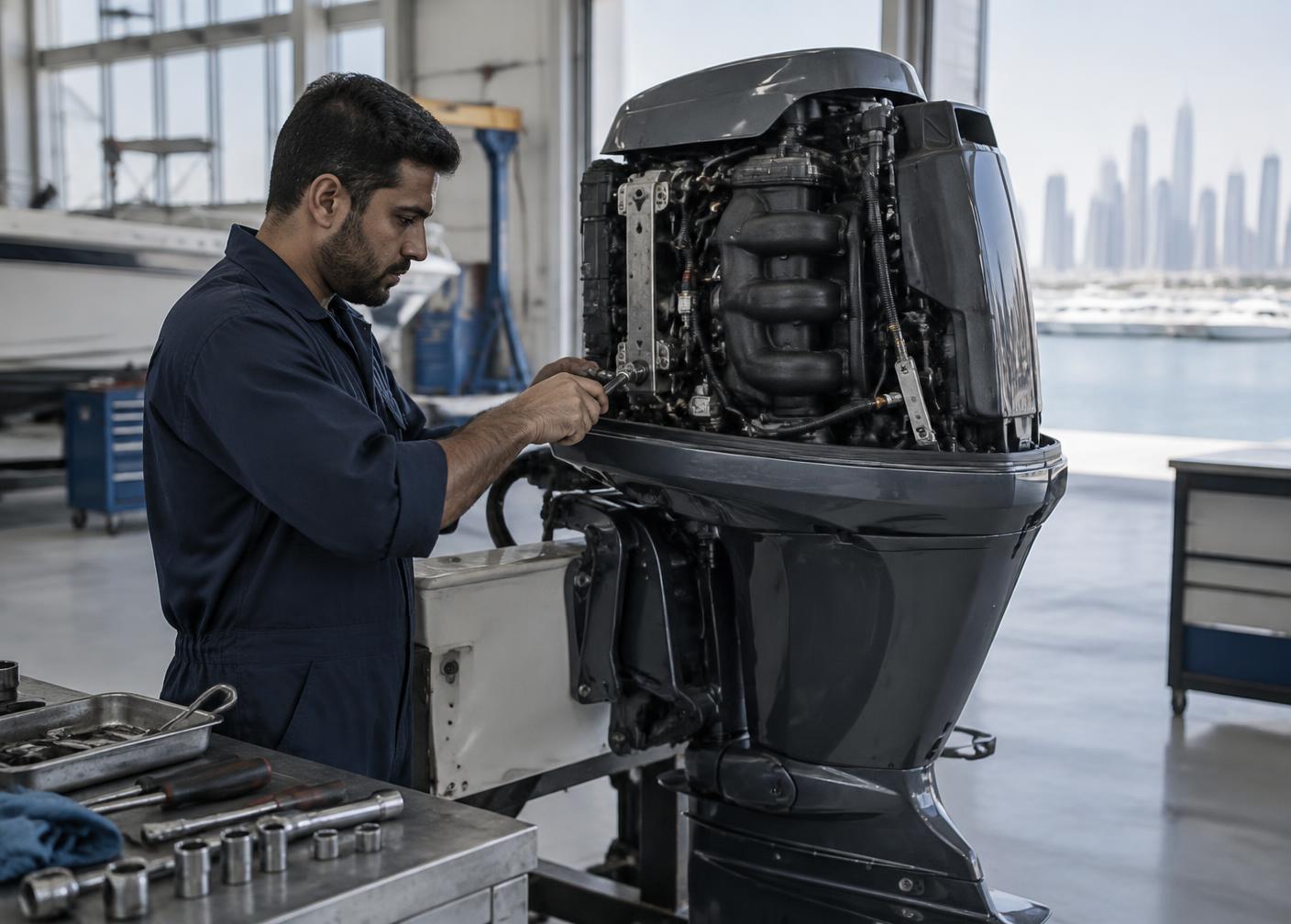 Marine technician working on an outboard engine in Dubai